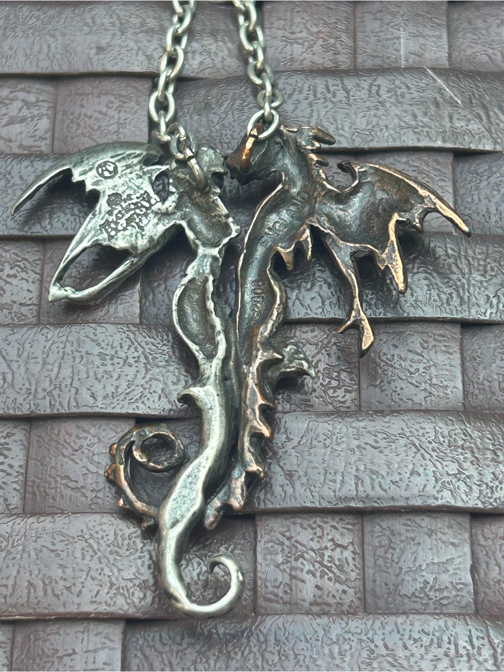 ANGEL & DRAGON DUAL PENDANT 2.5” and 10.5” Necklace Two-Tone Silver & Bronze - Picture 3 of 15